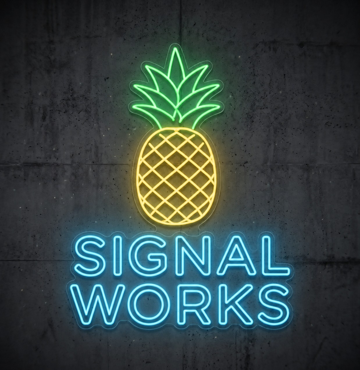 Tropical neon sign glowing on a wall