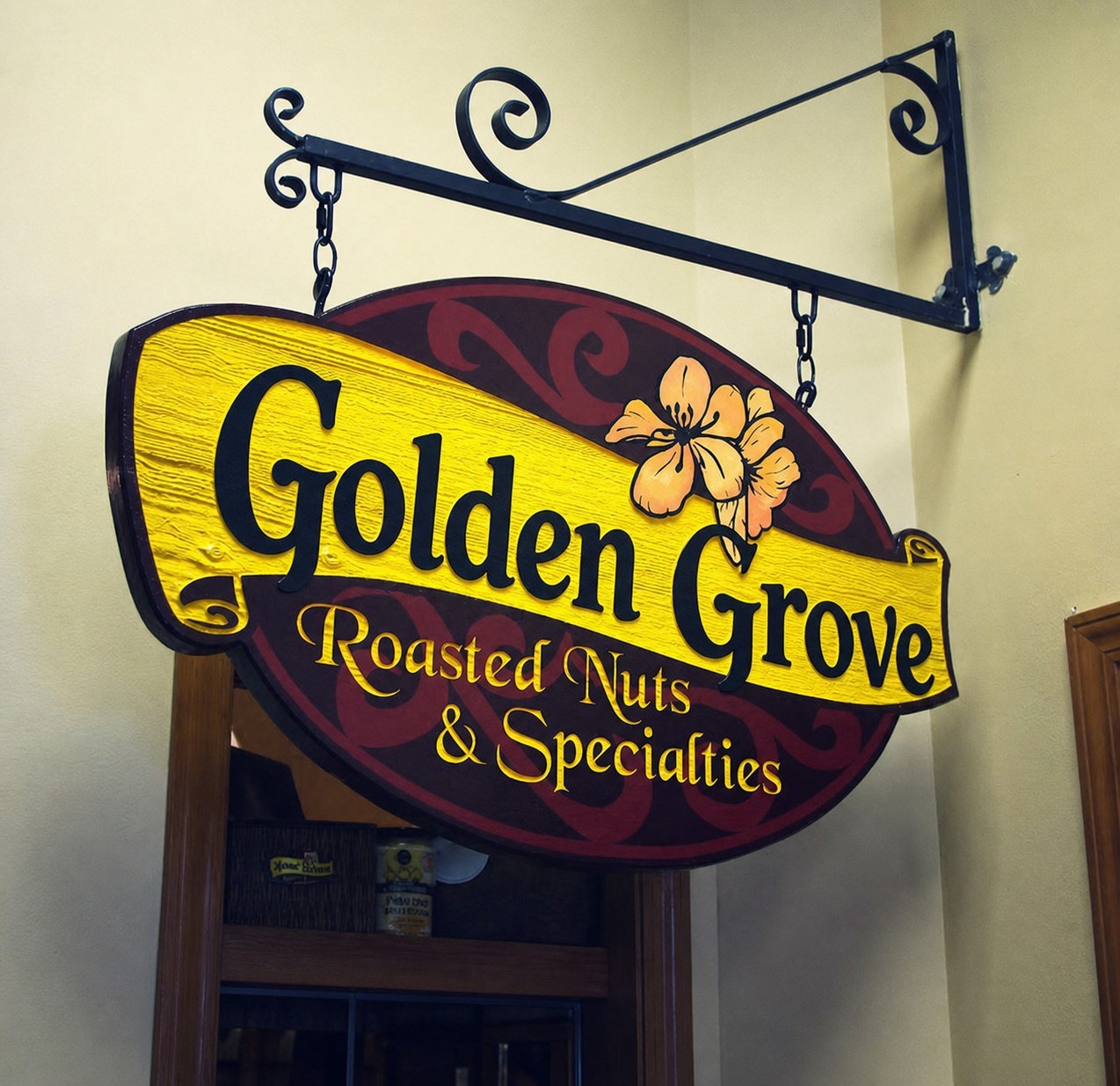 Rustic wood hanging sign in a shop